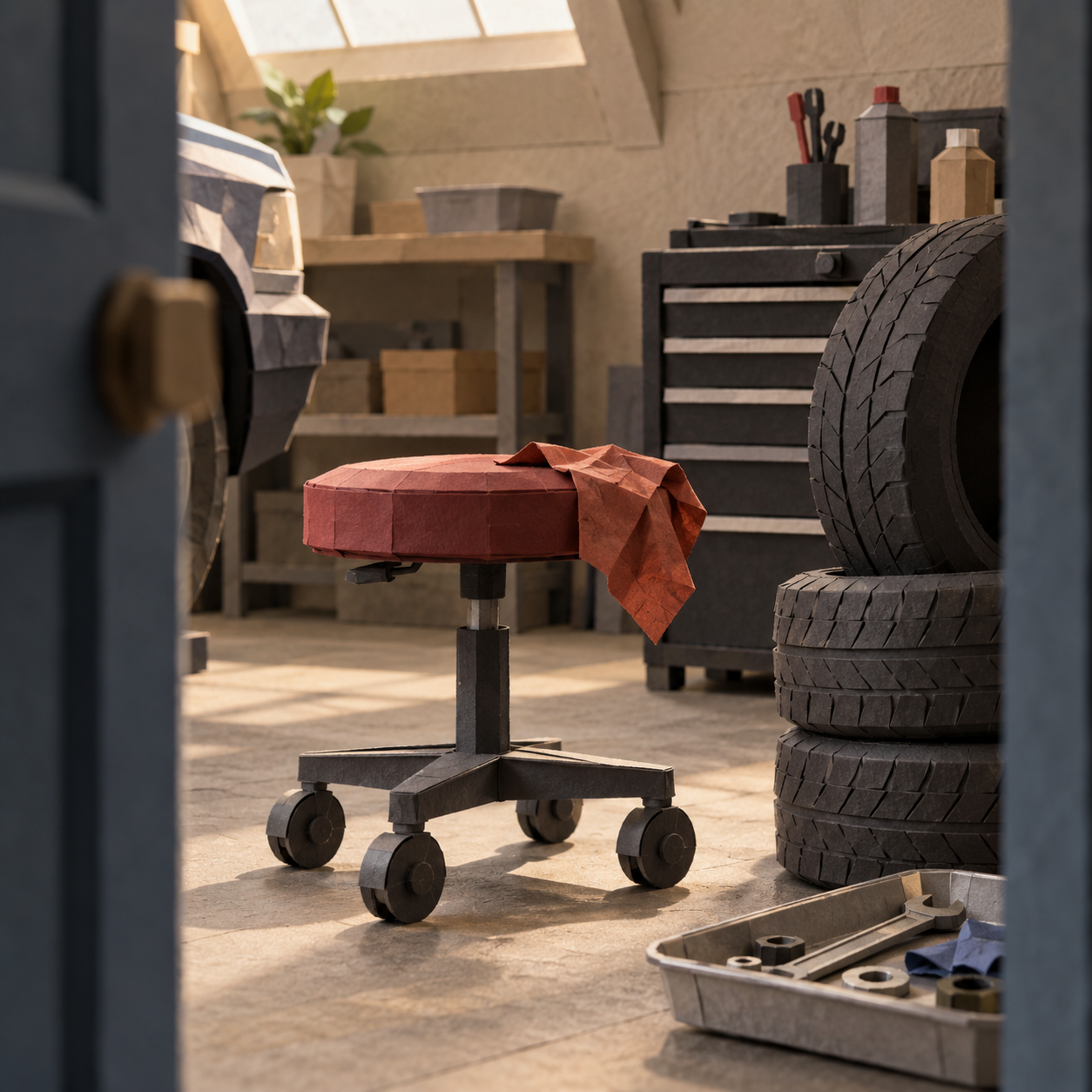 Illustration of independent auto workshop: a rolling stool, rubber tires, a clean parts tray
