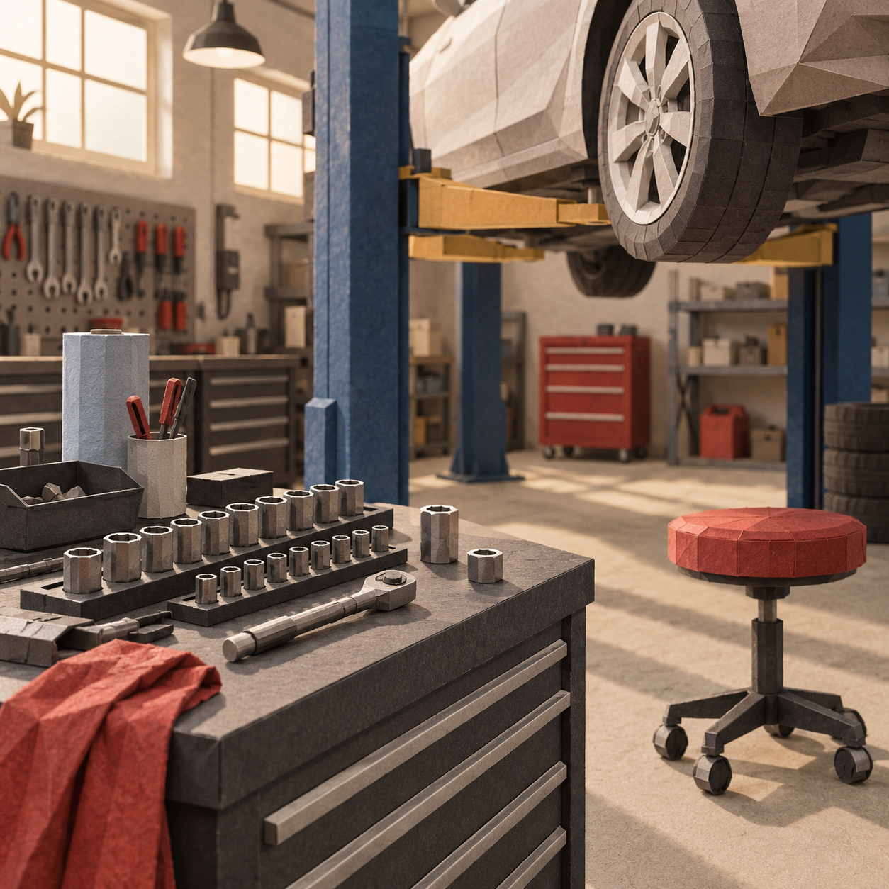 Illustration of independent auto workshop: organized socket tools, an unbranded car lift, a rolling stool